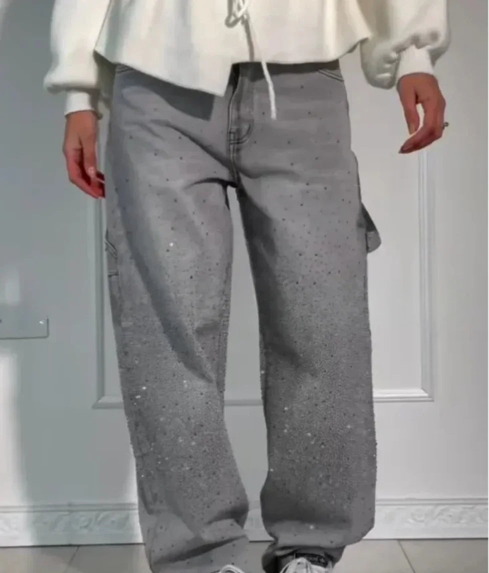 Pantalones Vaqueros Straight Fit para Mujer – Diamantes y Vintage ✨