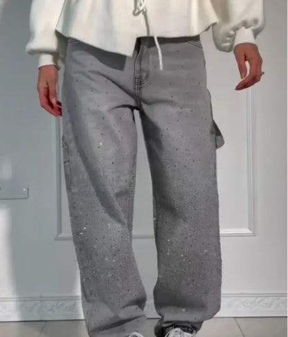Pantalones Vaqueros Straight Fit para Mujer – Diamantes y Vintage ✨
